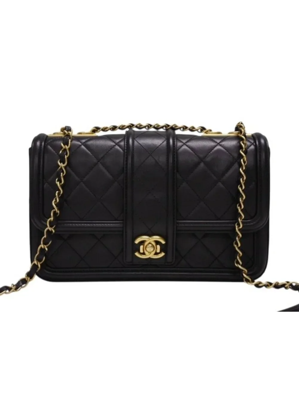 Chanel S Flap Chain Shoulder Bag CC Logo Lambskin Black Gold